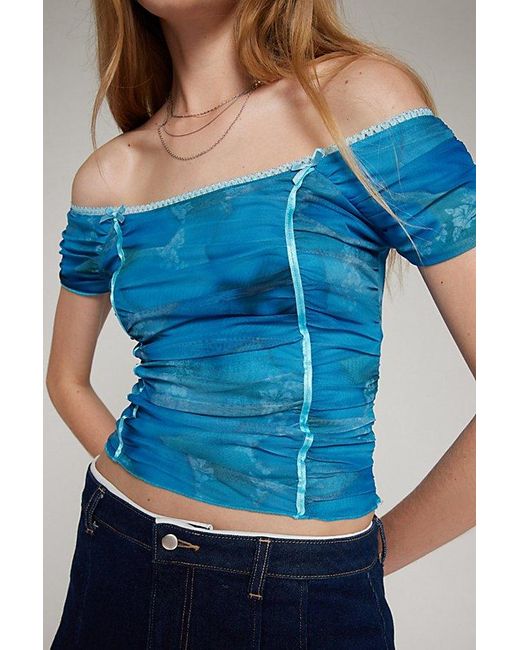 Urban Outfitters Blue Uo Brigitte Mesh Off-The-Shoulder Top