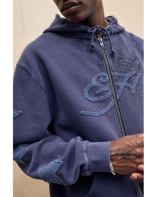 Ed Hardy Blue Uo Exclusive Navy Waffle Zip-through Hoodie for men
