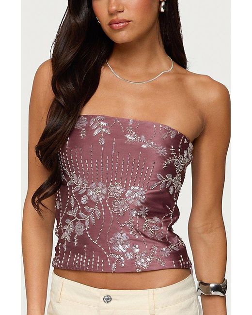 Edikted Gray Zelda Bead & Sequin Strapless Top