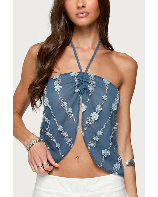 Edikted Blue Beaded Floral Split Front Halter Top