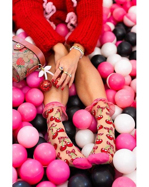 Sock Candy Red Cherry Bow Ruffle Sheer Sock