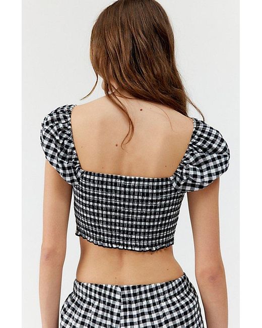 Urban Renewal Black Remnants Gingham Puff Sleeve Tie-Front Cropped Top