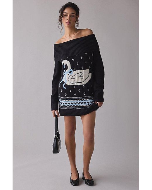 BDG Black Suzie Swan Femme Fair Isle Off-The-Shoulder Sweater Mini Dress