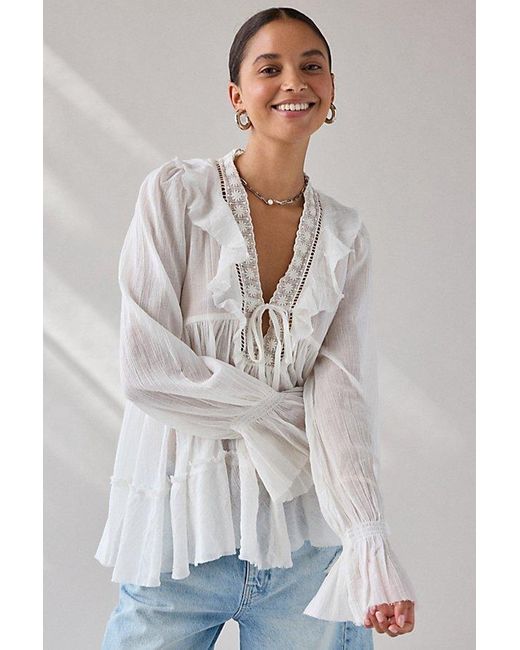 Kimchi Blue Gray Mona Lace Trim Ruffle Babydoll Tunic Blouse