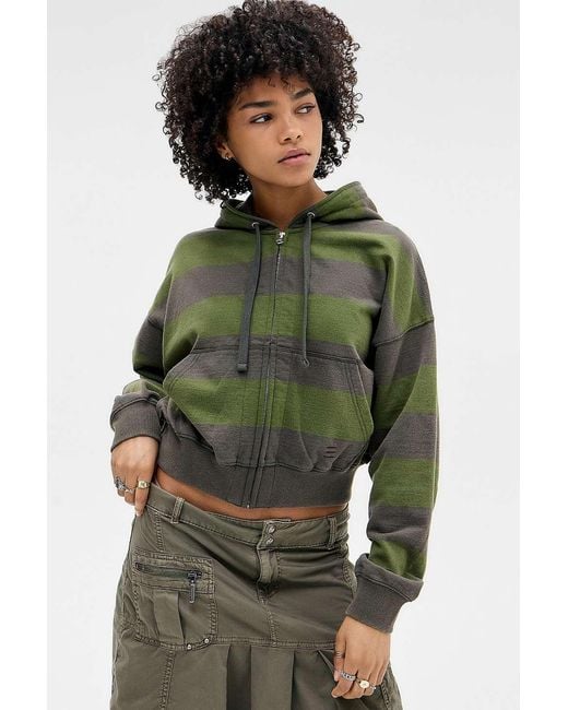 BDG Green Khaki Easy Stripe Zip-through Hoodie