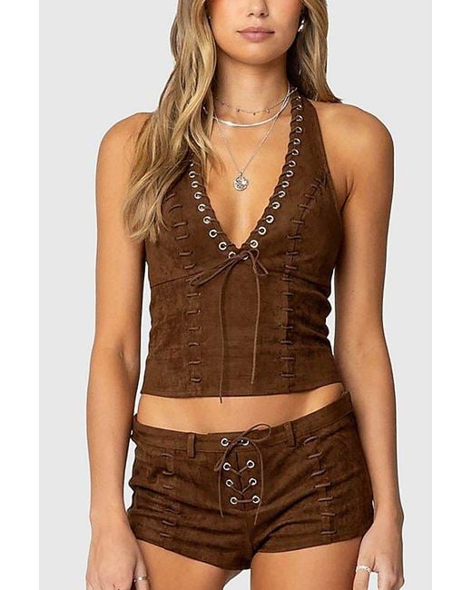 Edikted Brown Sloane Faux Suede Halter Top
