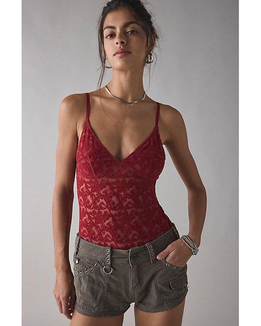 Out From Under Red Je T'Aime Semi-Sheer Flocked Mesh Bodysuit