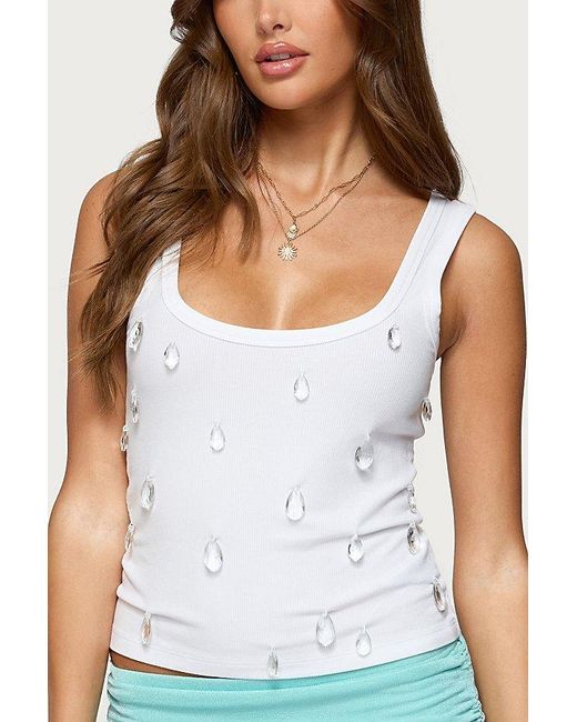 Edikted White Zelena Faux Crystal Ribbed Tank Top