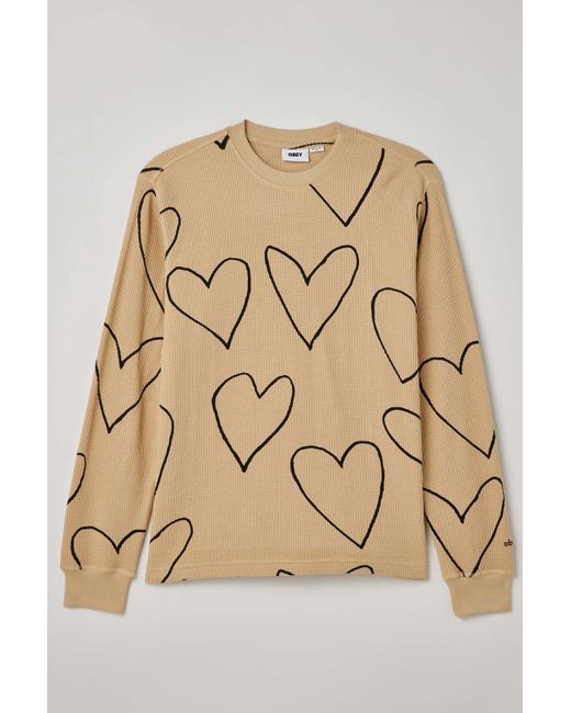 Obey Natural Uo Exclusive Hearts Thermal Long Sleeve Tee In Tan,at Urban Outfitters for men