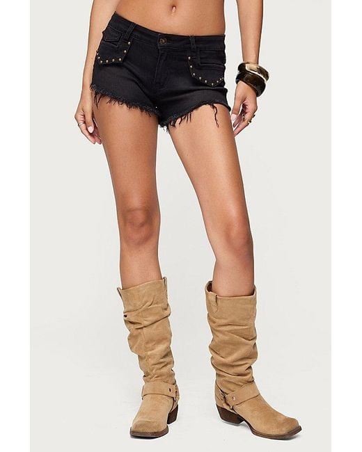 Edikted Black Studded Low Rise Denim Micro Shorts