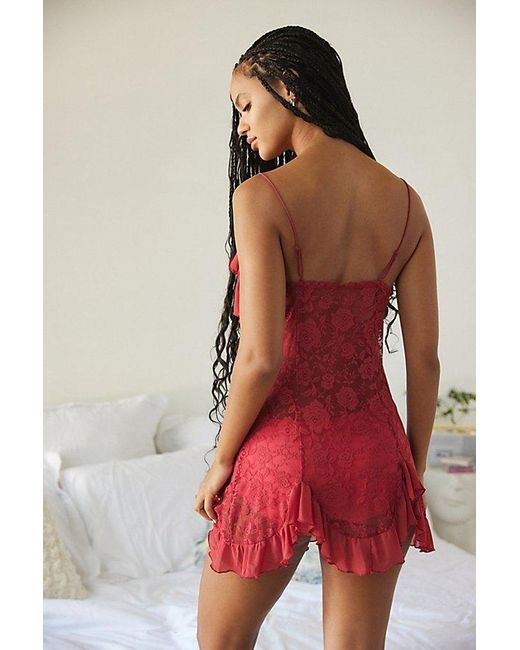 Out From Under Red Rouge Sheer Lace V-Neck Mini Dress