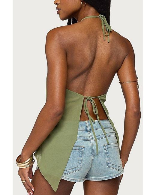 Edikted Green Chiffon Split Open Back Halter Top