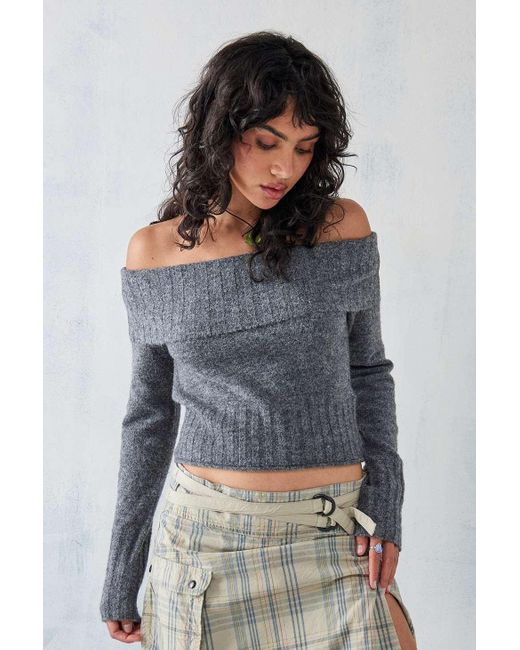 Urban Outfitters Gray Uo Knitted Off-the-shoulder Jumper