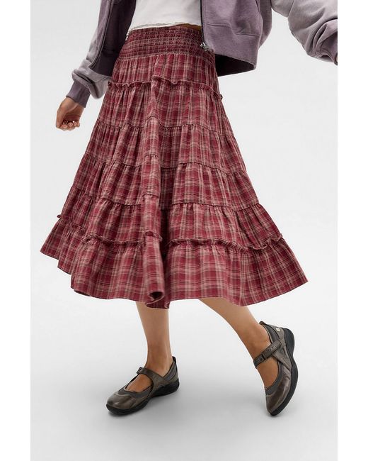 Kimchi Blue Red Ella Check Prairie Midi Skirt