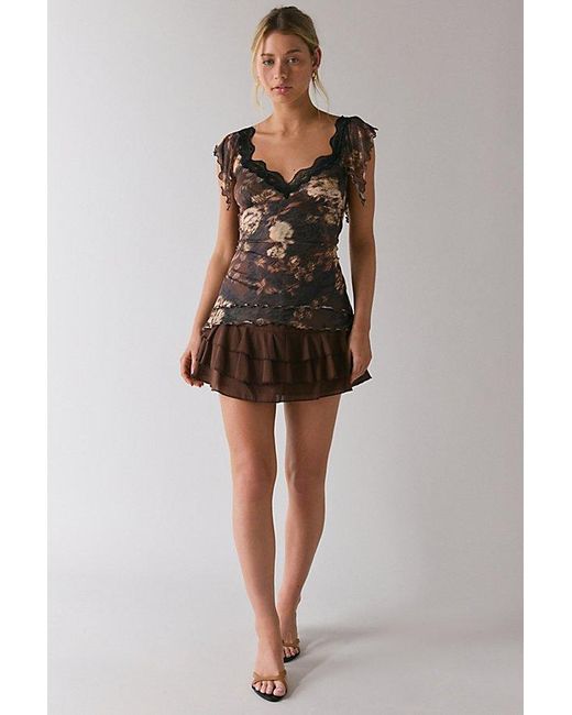 Kimchi Blue Brown Nelly Ruffled Mesh Tie-Back Tunic Top