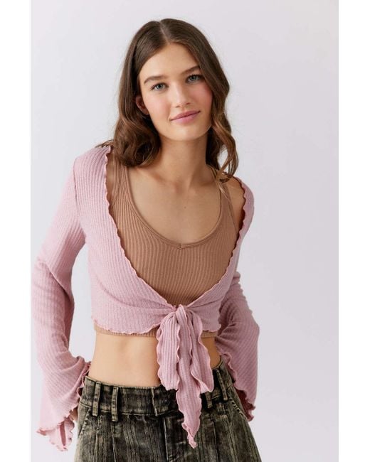 Urban Outfitters Pink Uo Daisy Ribbed Tie-front Top