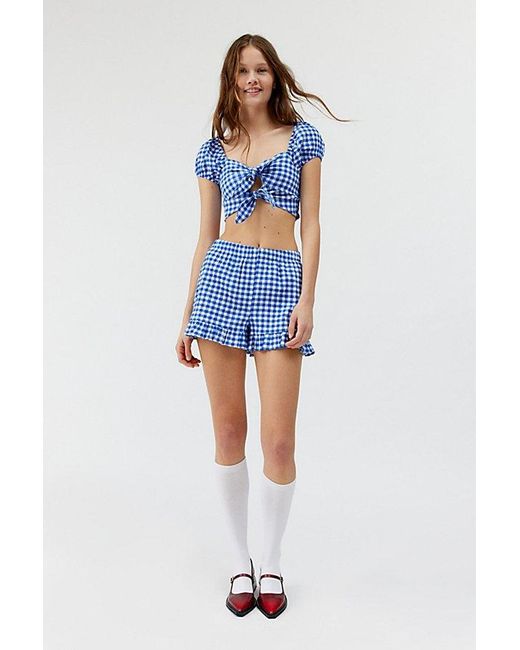 Urban Renewal Blue Remnants Gingham Puff Sleeve Tie-Front Cropped Top