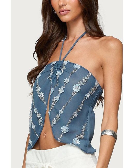 Edikted Blue Beaded Floral Split Front Halter Top