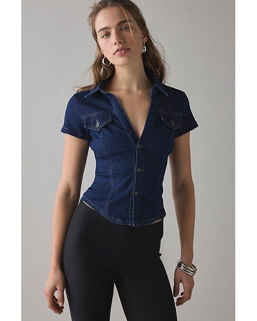 BDG Blue Polly Slim Short Sleeve Button-Up Shirt Top