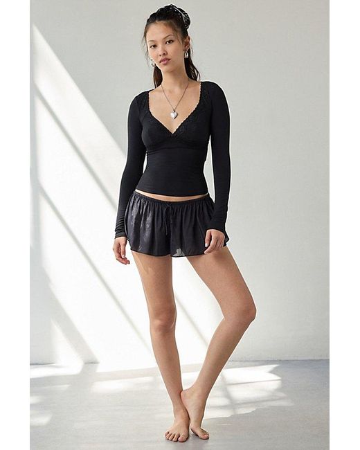 Out From Under Black Soft Touch Plunging Lace Trim Long Sleeve Top