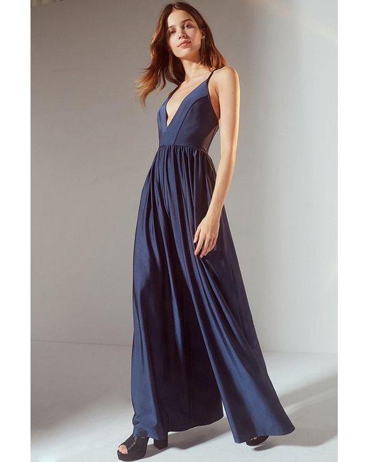 Urban Outfitters Blue Uo Gia Plunging Shimmer Jumpsuit