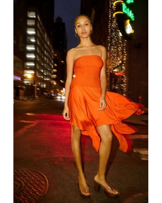 Ecote Orange Isley Strapless Smocked Midi Dress In Red,at Urban Outfitters