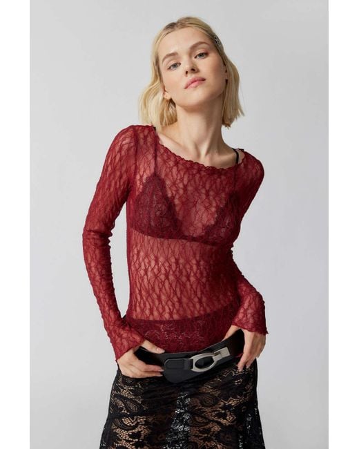 Out From Under Red Libby Sheer Lace Long Sleeve Top In Maroon,at Urban Outfitters
