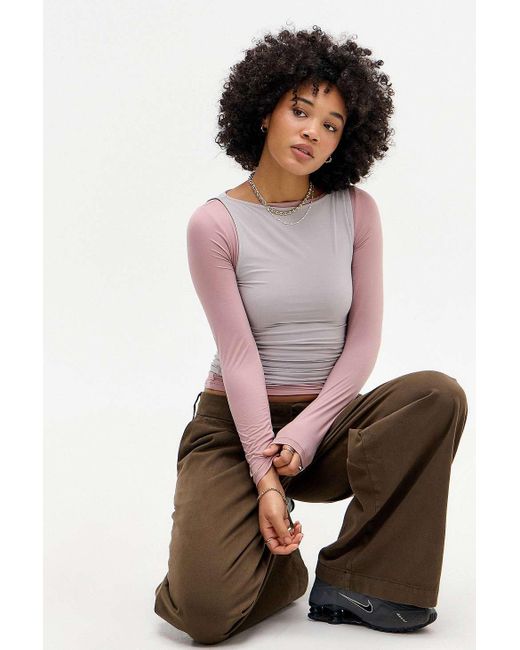 Urban Outfitters Pink Uo Mia Slinky Slash Neck Long Sleeve T-shirt