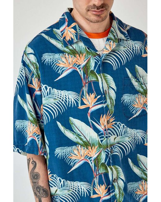 Urban Renewal Blue Remade From Vintage Dark Cropped Hawaiian Shirt S/m At Urban Outfitters for men