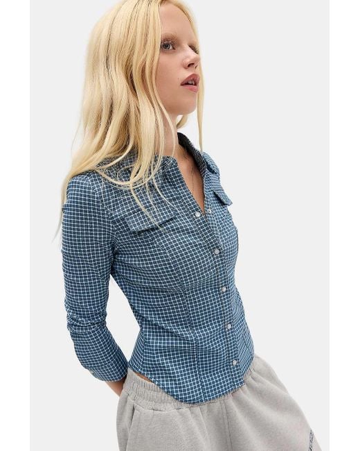 Silence + Noise Blue Silence + Noise Polly Bengaline 3/4 Sleeve Shirt 2xs At Urban Outfitters