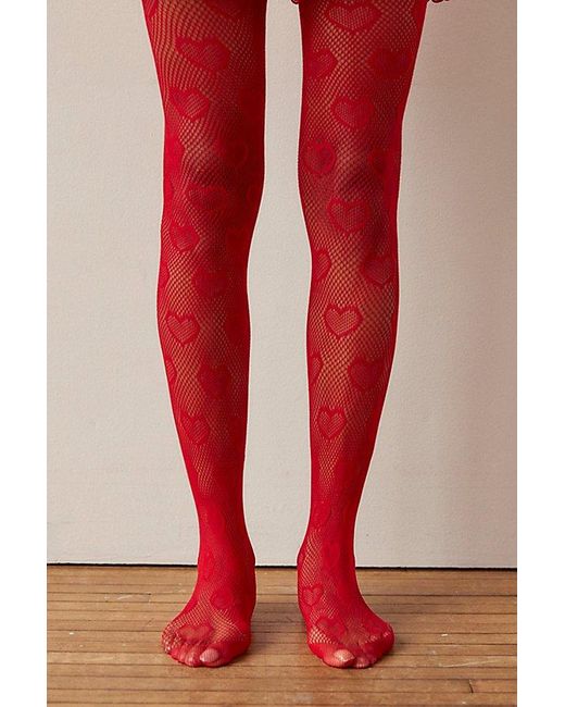 Urban Outfitters Red Uo Heart Mesh Tights
