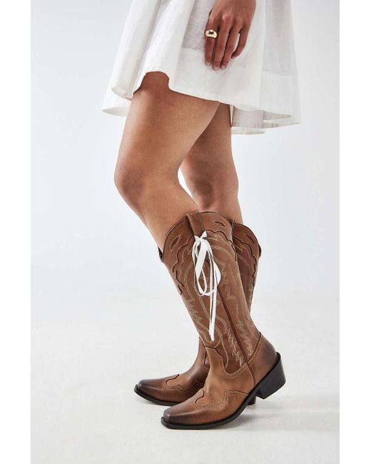 Urban Outfitters White Uo Brown Leather Dallas Bow Cowboy Boots