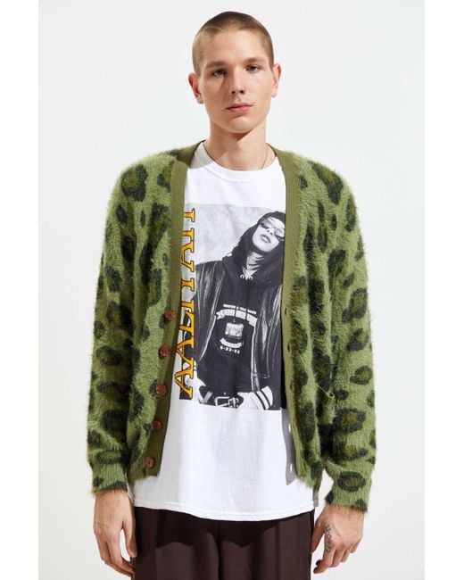 Urban Outfitters Green Uo Fuzzy Cheetah Print Cardigan for men