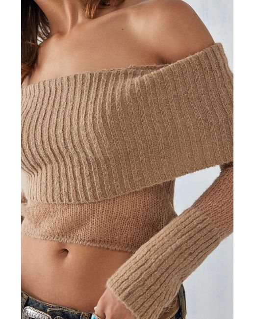 Urban Outfitters Brown Uo Sophia Sheer Off-the-shoulder Knitted Top
