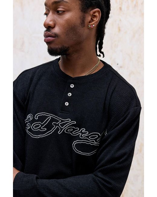 Ed Hardy Black Uo Exclusive Signature Knitted Henley Top for men