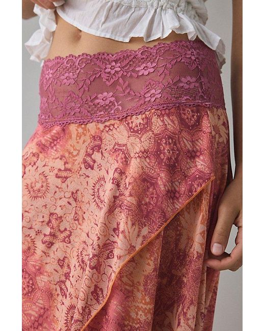 Kimchi Blue Pink Ethereal Lace Trim Semi-Sheer Mesh Midi Skirt
