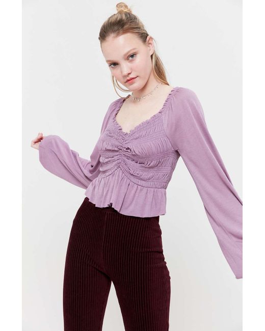 Urban Outfitters Purple Uo Shaina Rayon Ruched Long Sleeve Top