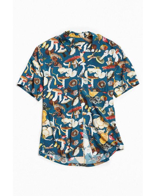 Urban Outfitters Blue Uo Mushroom Print Rayon Short Sleeve Button-down Shirt for men