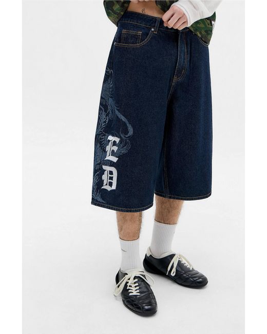 Ed Hardy Blue Uo Exclusive Rinse Flying Gothic Jorts for men
