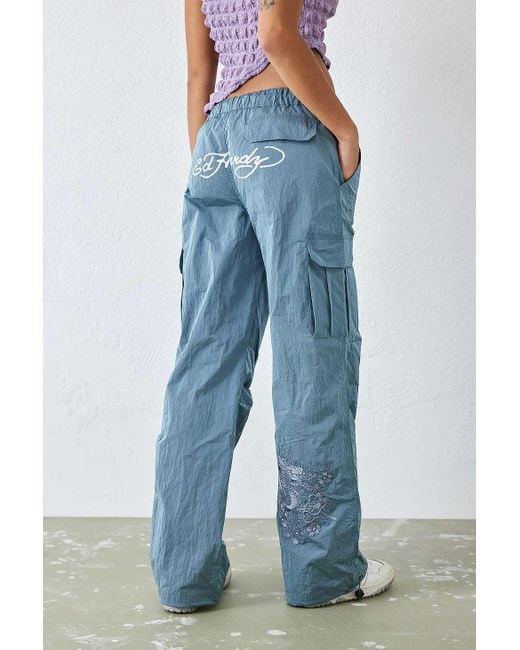 Ed Hardy Blue Nylon Embroidered Cargo Pants Lyst UK