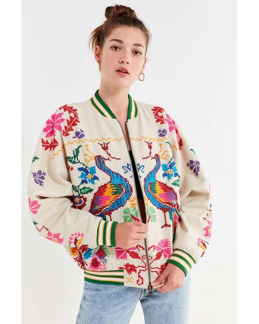 Urban Outfitters Red Uo Peacock Paradise Cross-stitch Bomber Jacket