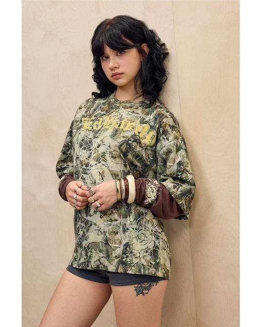 Ed Hardy Multicolor Camo Rose Double Layer T-shirt S At Urban Outfitters