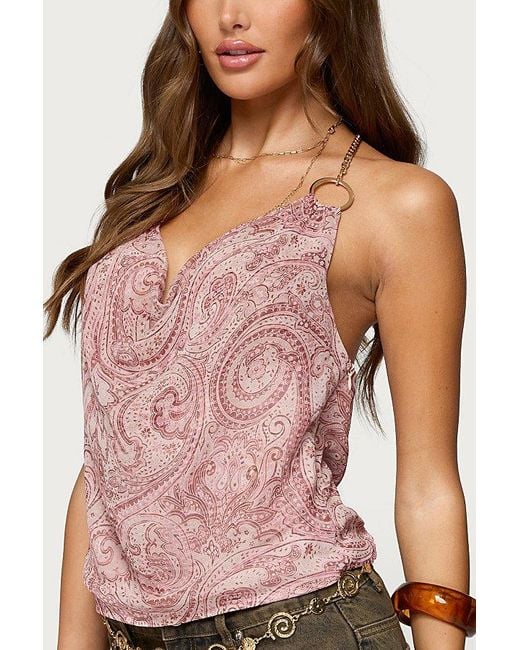 Edikted Pink Printed Halter Chain Cowl Neck Top