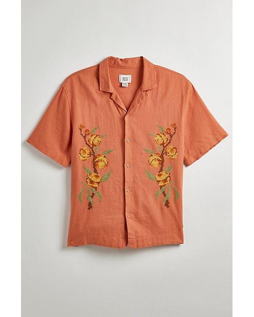 BDG Orange Peaches Cross Stitch Linen Short Sleeve Button-Down Shirt Top for men