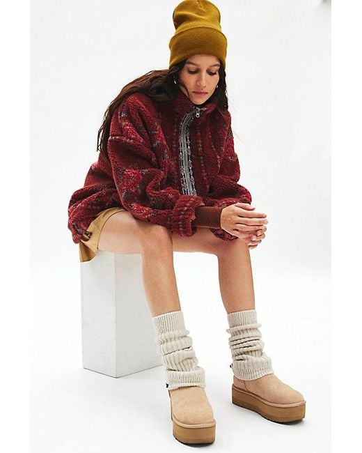 BDG Red Mae Printed Piled Fleece Zip-Up Jacket