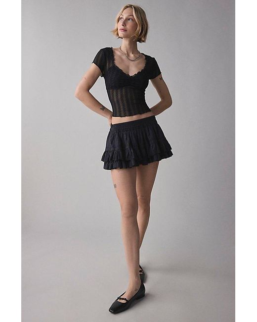 Kimchi Blue Black Anabella Textured Sheer Mesh Lettuce-Edge Top