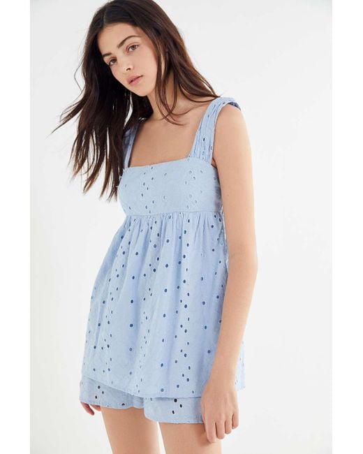 Urban Outfitters Blue Uo Tiana Eyelet Babydoll Romper