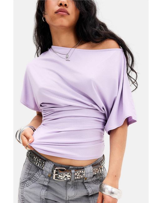 Silence + Noise Purple Silence + Noise Sasha Slash Neck Ruched Waist T-shirt