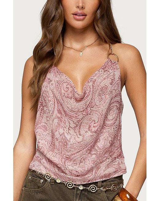 Edikted Pink Printed Halter Chain Cowl Neck Top