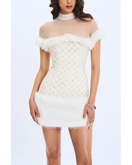 Miss Circle Women's White Taylor Faux Fur Beaded Mini Dress Miss Circle Women's White Taylor Faux Fur Beaded Mini Dress